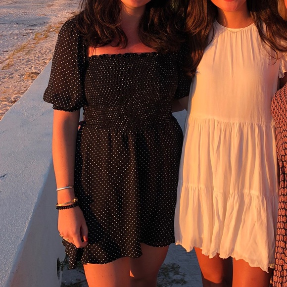 Reformation Elle Smocked Mini Dress, Black Dots - Picture 1 of 3